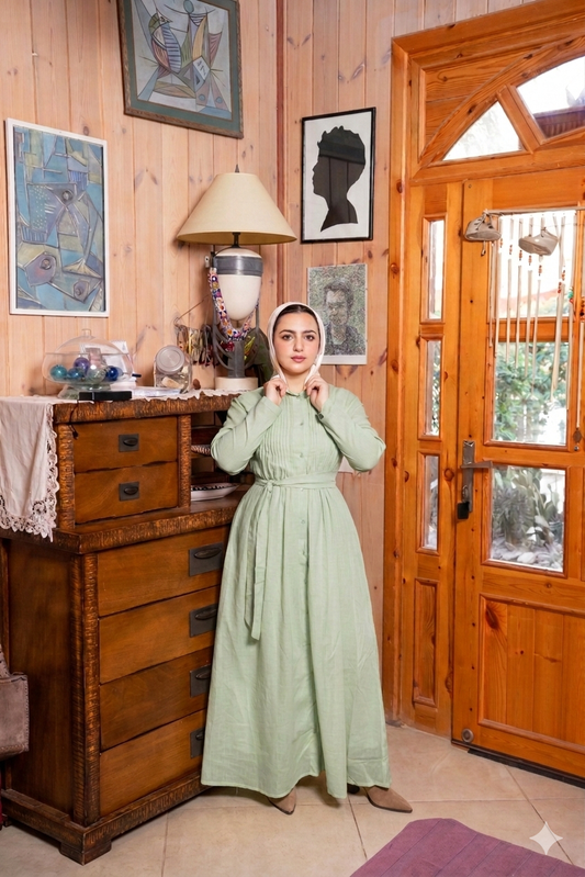 Sage Green Pleated Linen Dress