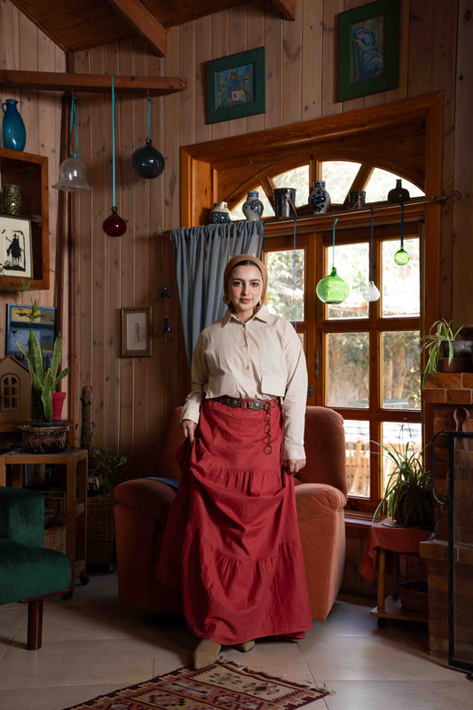 Layered Linen Skirt Red