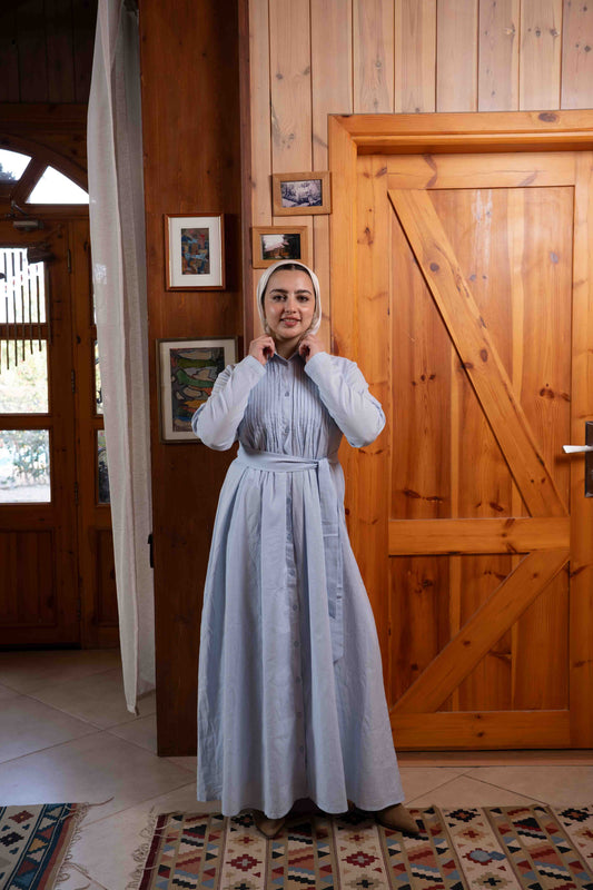 Blue Pleated Linen Dress