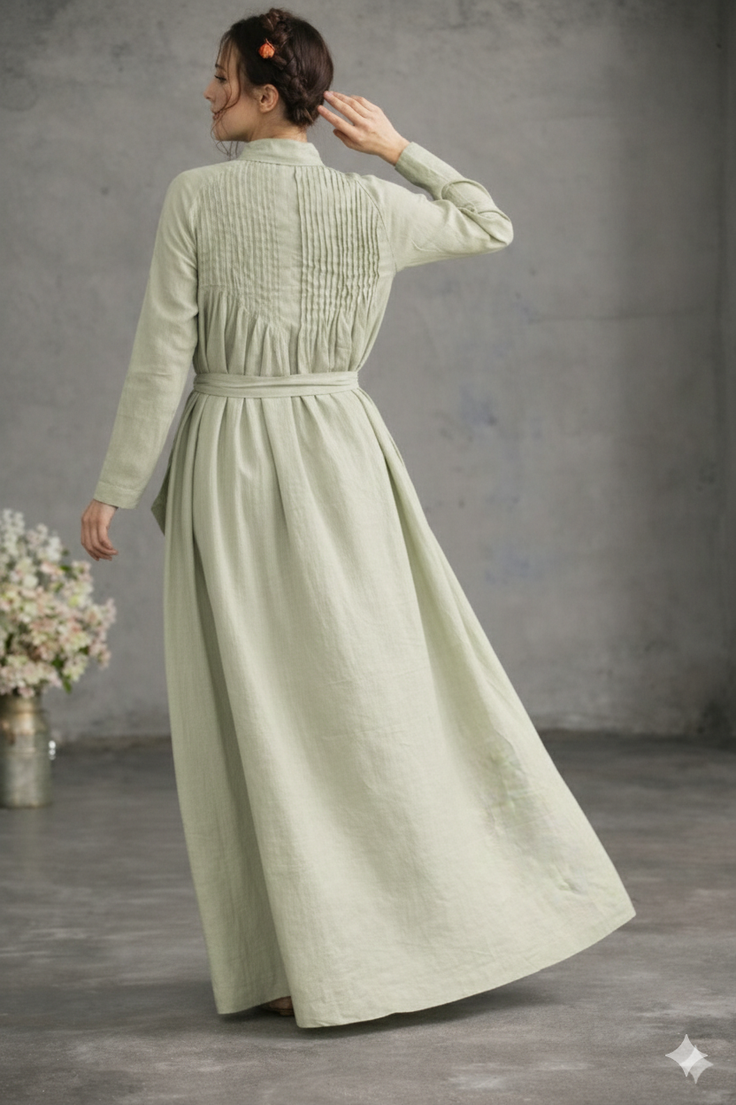 Sage Green Pleated Linen Dress