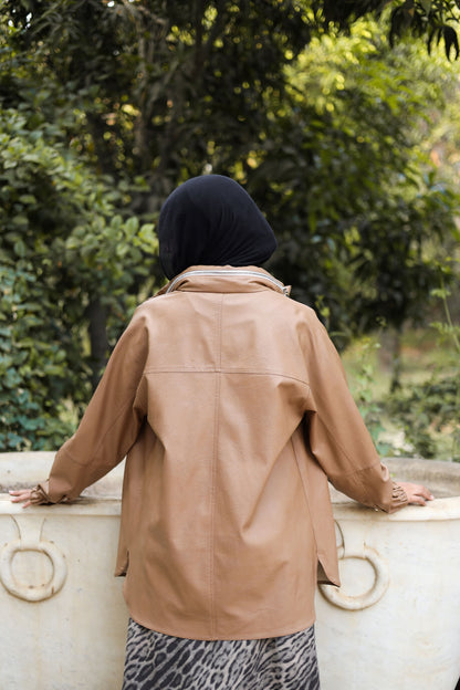 Zipped Collar  Leather Jacket