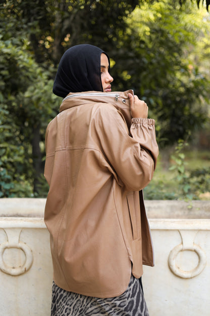 Zipped Collar  Leather Jacket