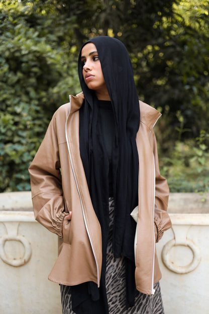 Zipped Collar  Leather Jacket