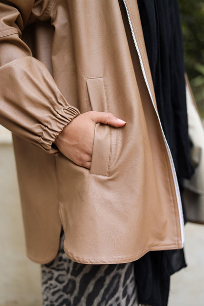 Zipped Collar  Leather Jacket