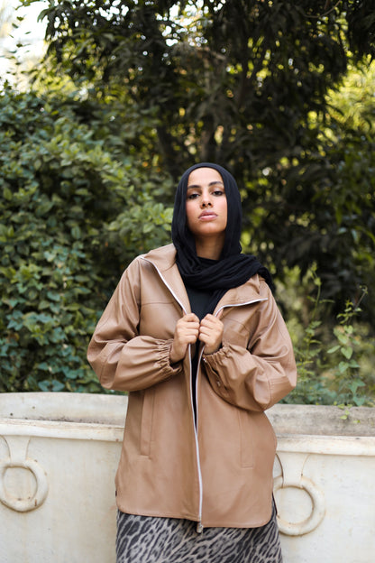 Zipped Collar  Leather Jacket