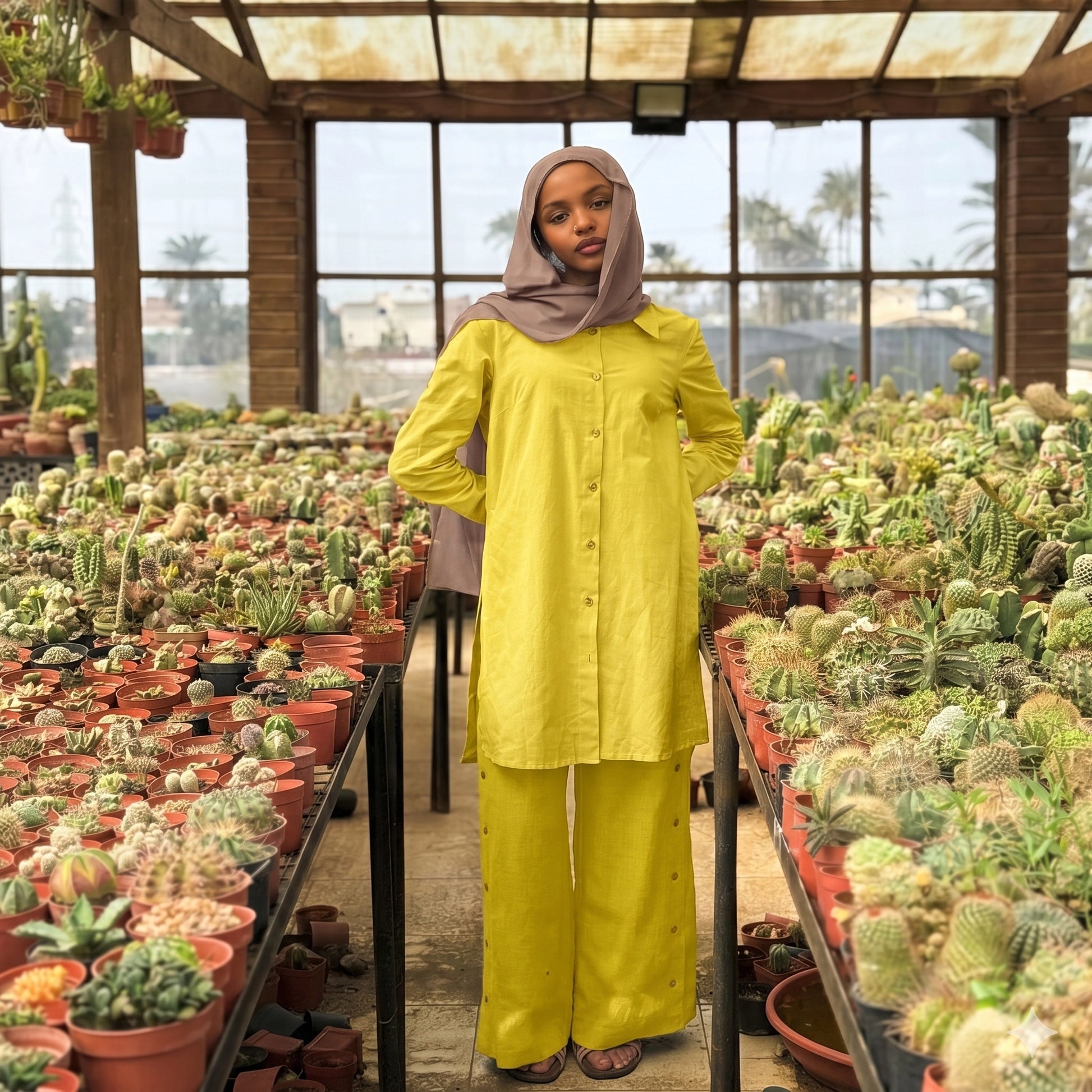 Person in a yellow outfit standing among potted plants in a greenhouse.