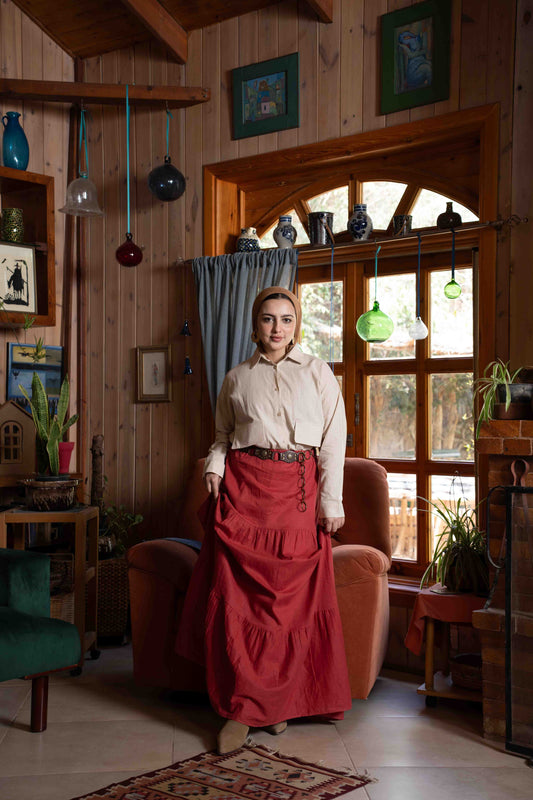 Layered Linen Skirt Red