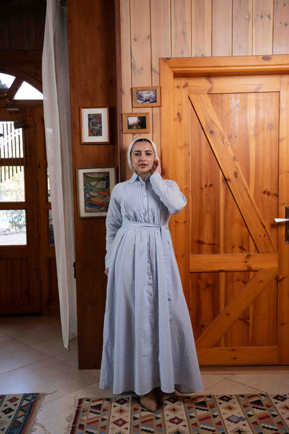 Blue Pleated Linen Dress