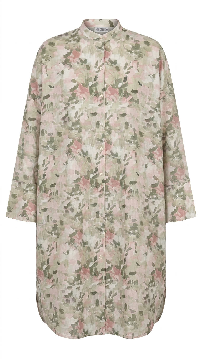 A long-sleeve button-front shirt dress with a high collar, featuring an all-over floral print in soft pink and sage green on a light beige background.