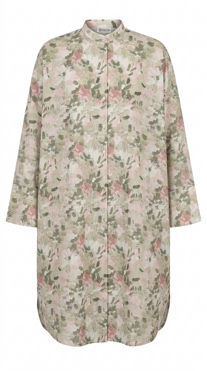 A long-sleeve button-front shirt dress with a high collar, featuring an all-over floral print in soft pink and sage green on a light beige background.