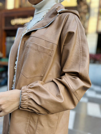 Zipped Collar  Leather Jacket