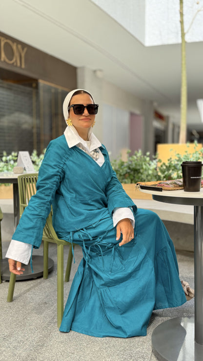 Fringe Linen Skirt Set-Teal