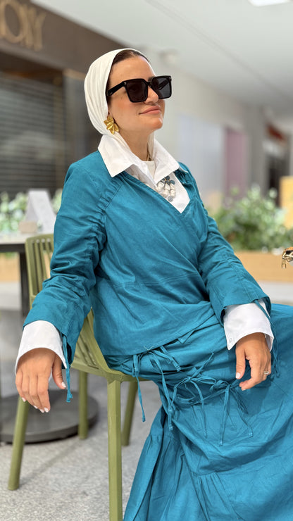 Fringe Linen Skirt Set-Teal