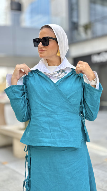 Fringe Linen Skirt Set-Teal