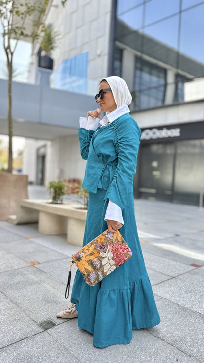 Fringe Linen Skirt Set-Teal