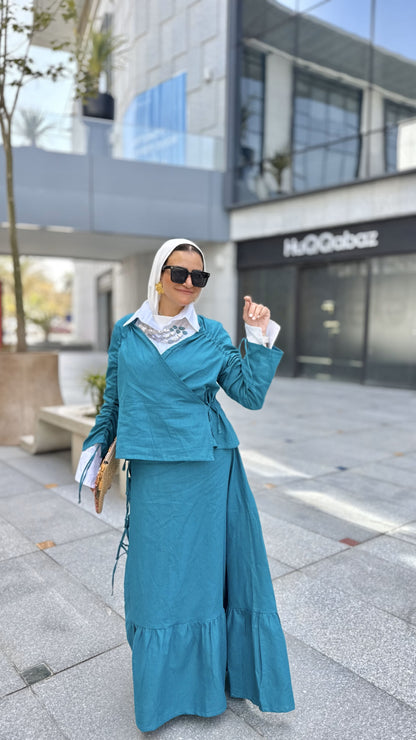 Fringe Linen Skirt Set-Teal