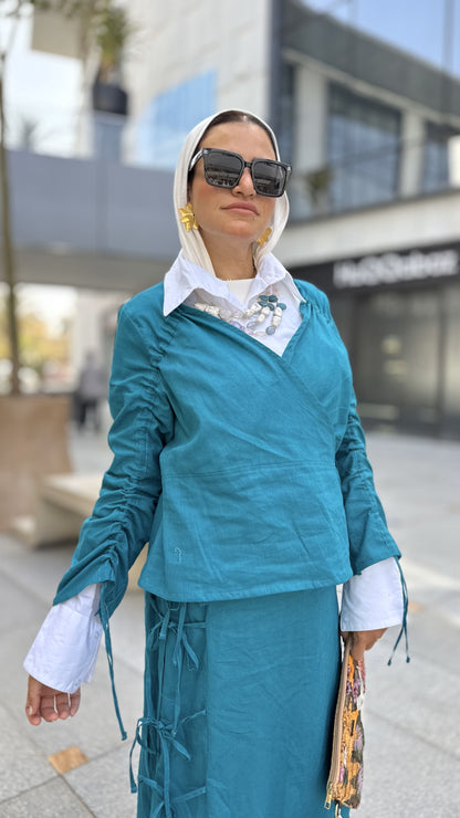 Fringe Linen Skirt Set-Teal