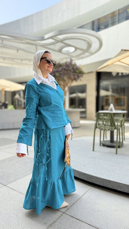 Fringe Linen Skirt Set-Teal