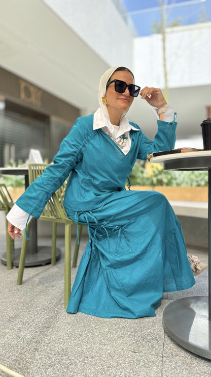 Fringe Linen Skirt Set-Teal