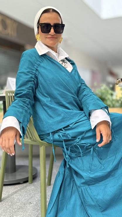 Fringe Linen Skirt Set-Teal