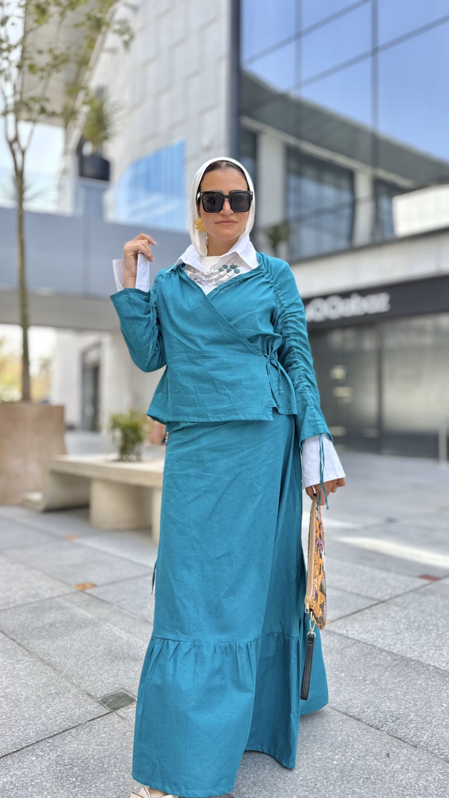 Fringe Linen Skirt Set-Teal