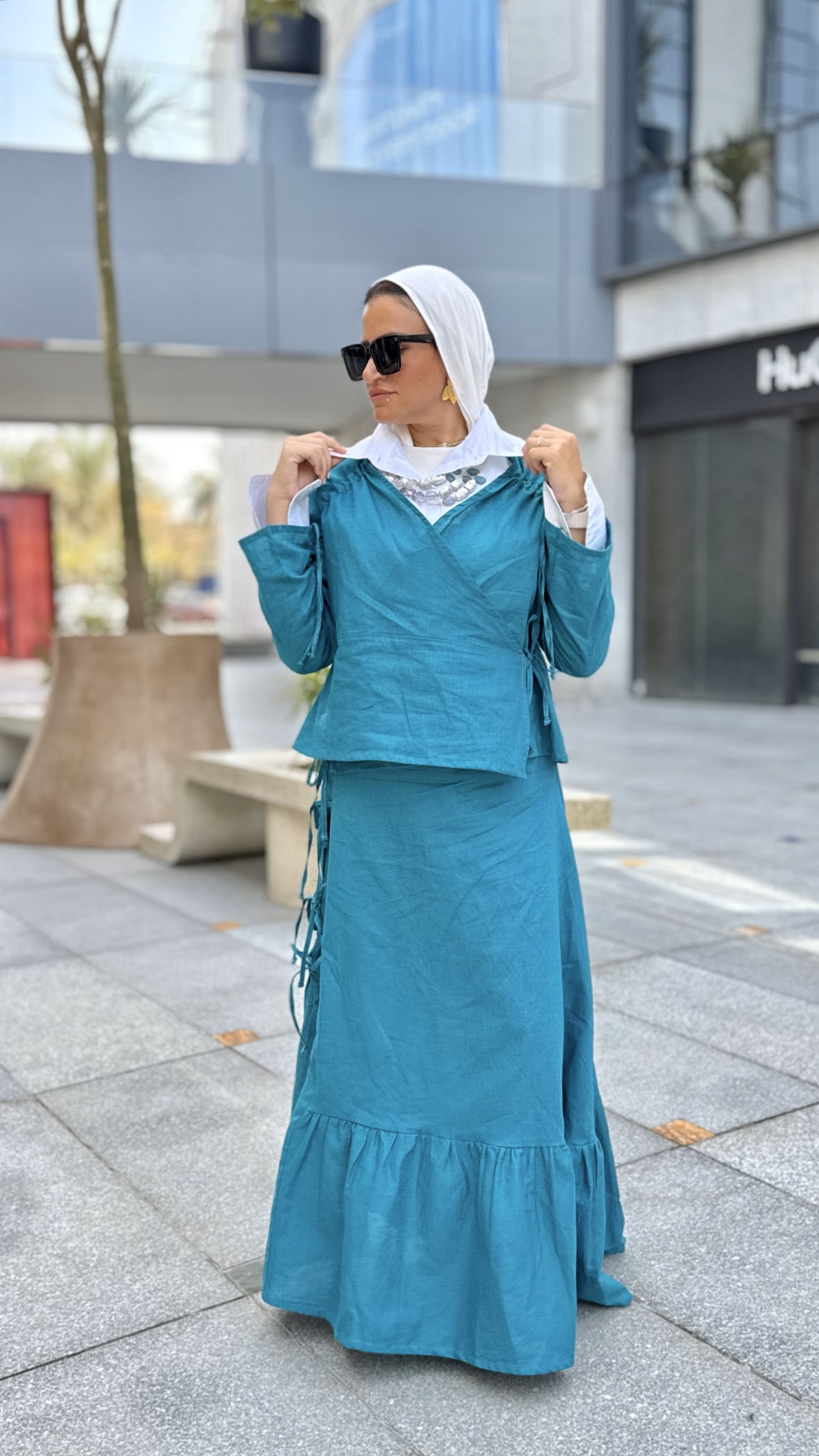 Fringe Linen Skirt Set-Teal