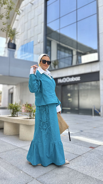Fringe Linen Skirt Set-Teal