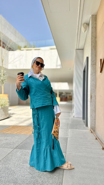 Fringe Linen Skirt Set-Teal