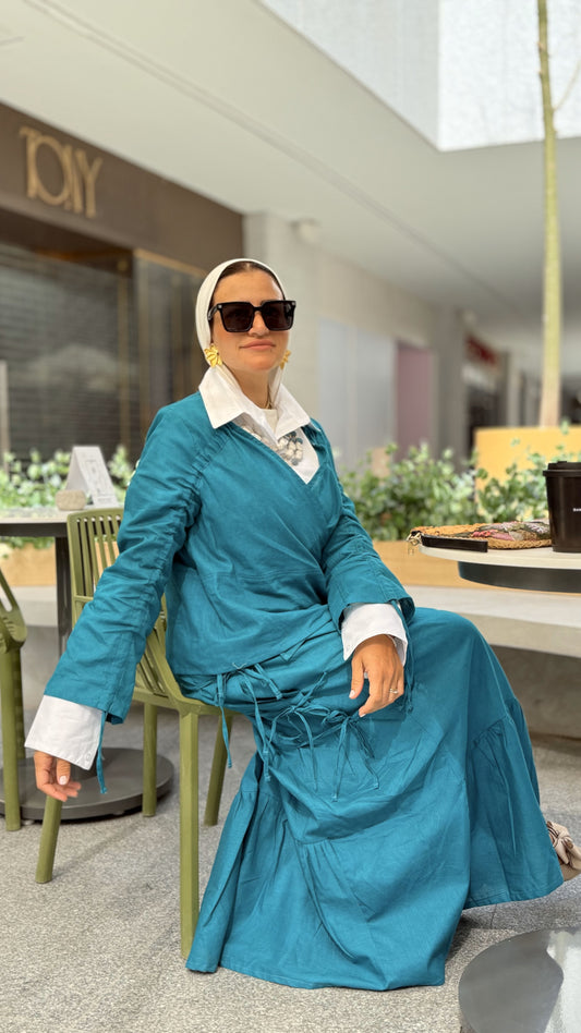 Fringe Linen Skirt Set-Teal