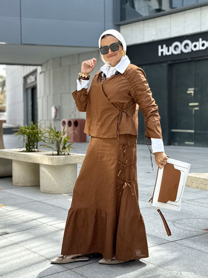 Fringe Linen Skirt Set Brown