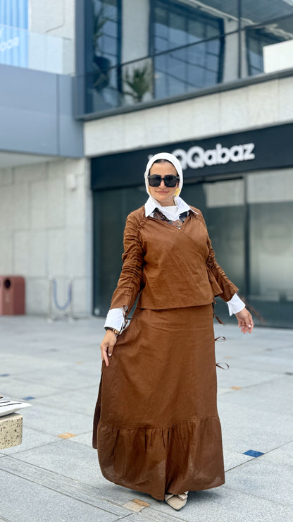 Fringe Linen Skirt Set Brown