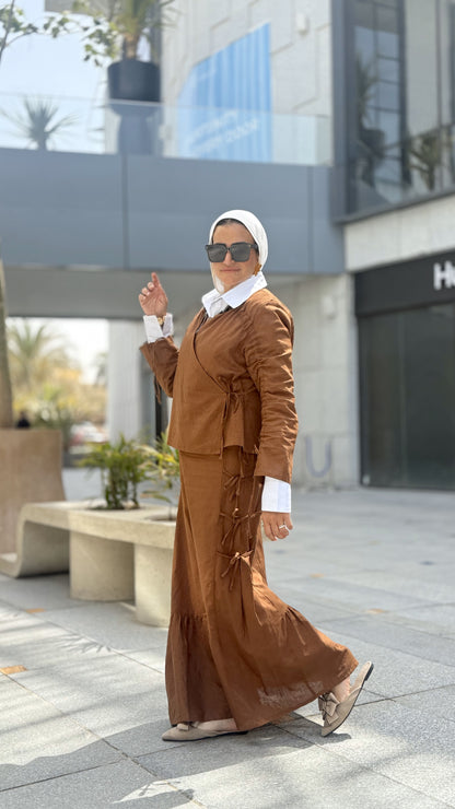 Fringe Linen Skirt Set Brown