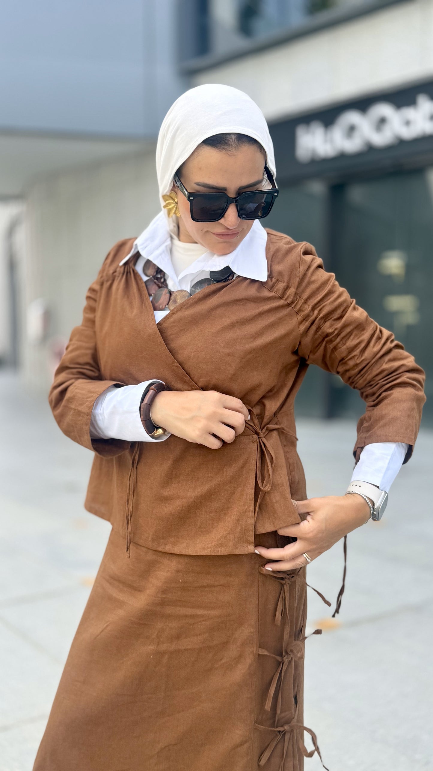 Fringe Linen Skirt Set Brown