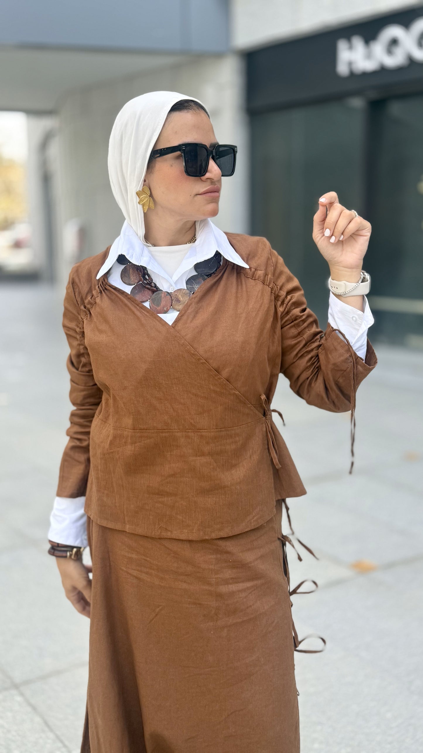 Fringe Linen Skirt Set Brown