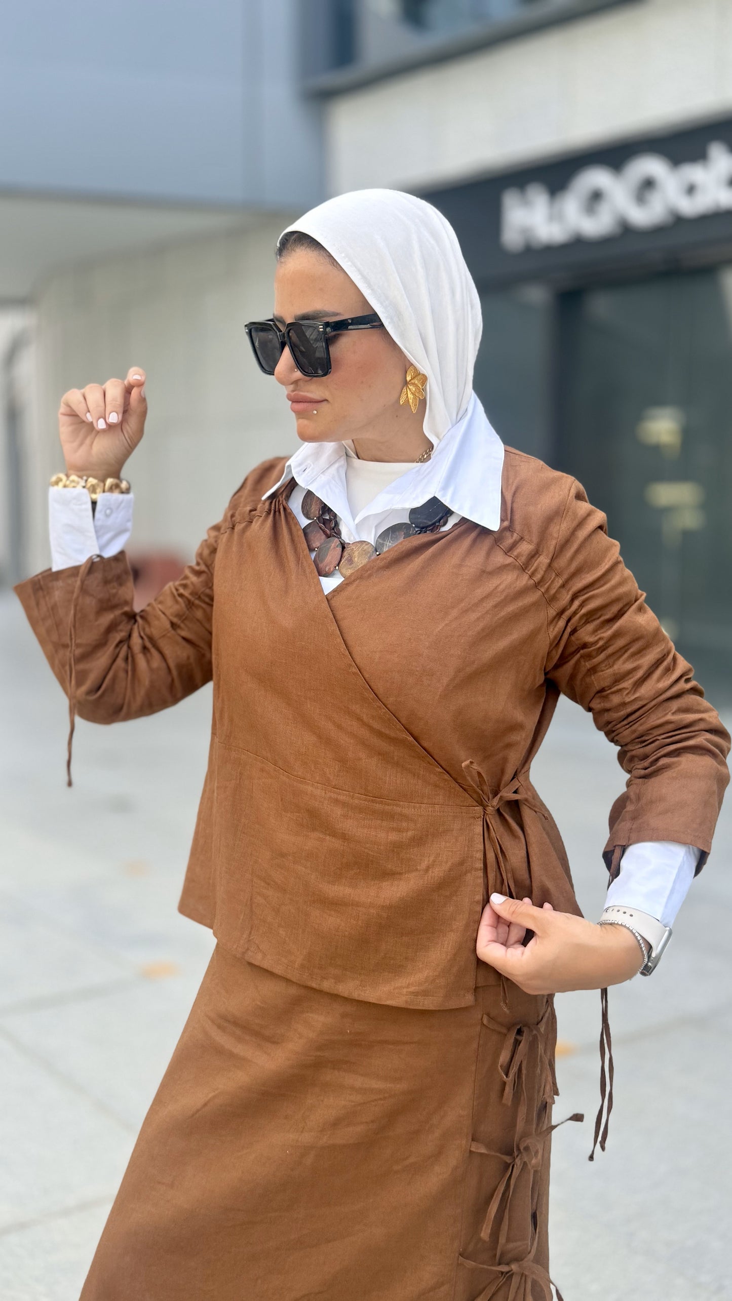 Fringe Linen Skirt Set Brown
