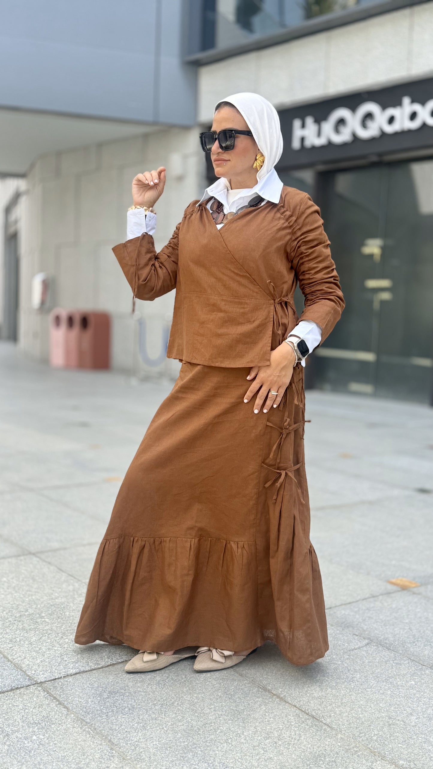 Fringe Linen Skirt Set Brown