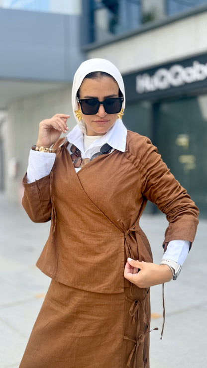 Fringe Linen Skirt Set Brown