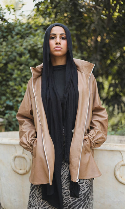 Zipped Collar  Leather Jacket