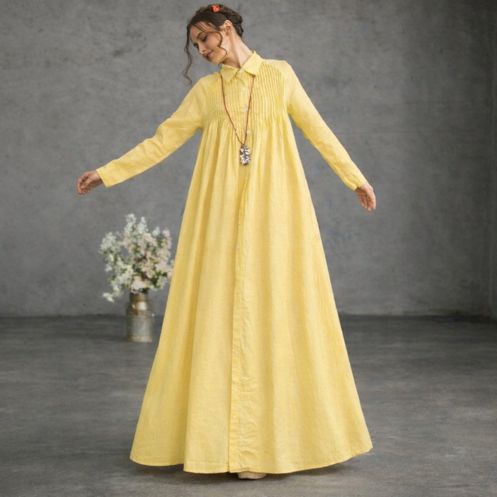 Yellow Pleated Linen Dress