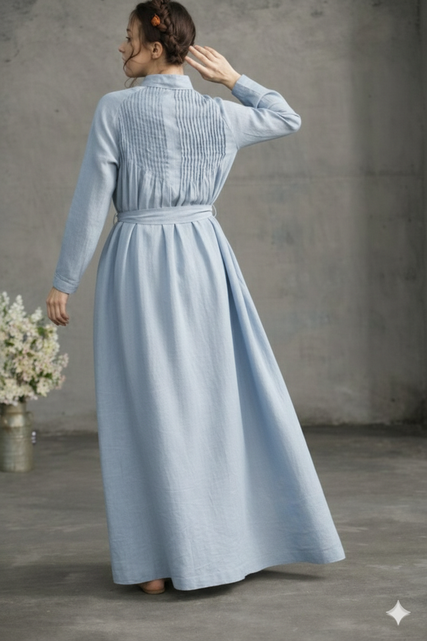 Blue Pleated Linen Dress
