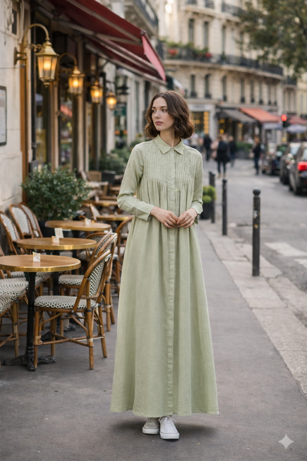 Sage Green Pleated Linen Dress
