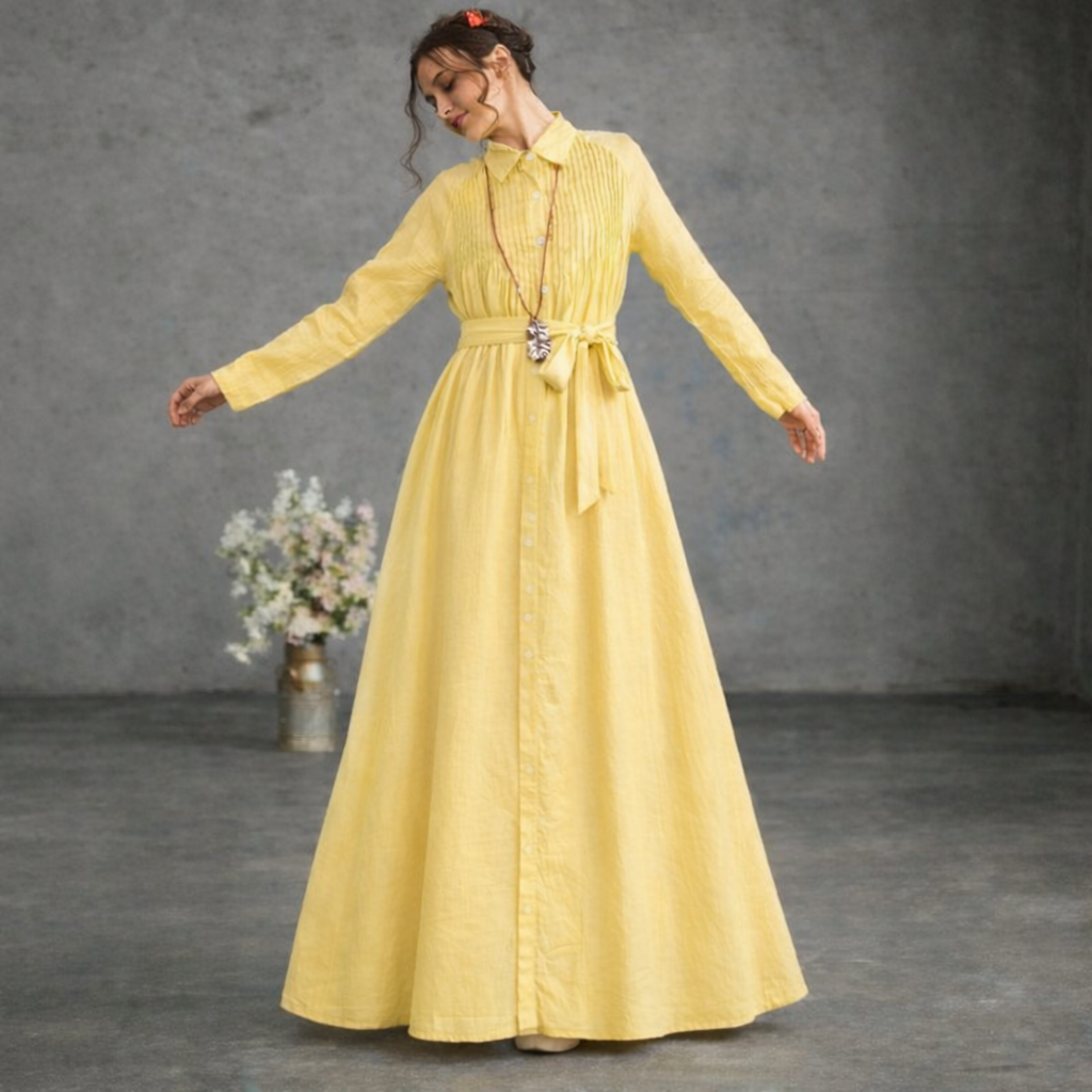 Yellow Pleated Linen Dress