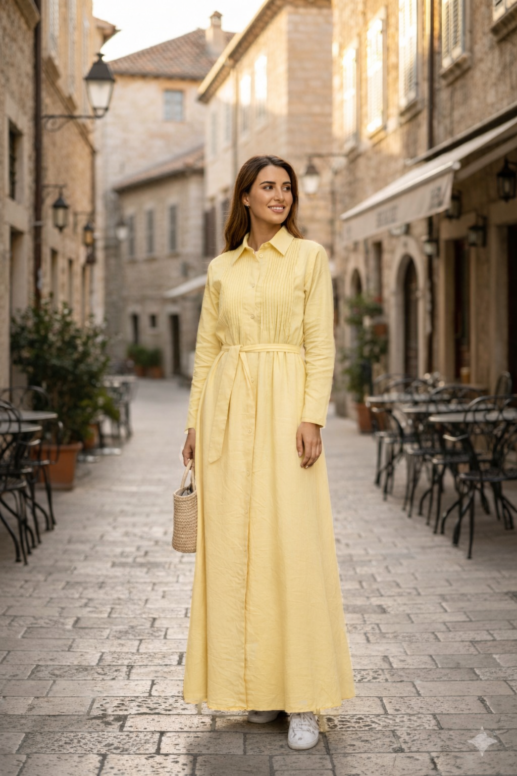Yellow Pleated Linen Dress
