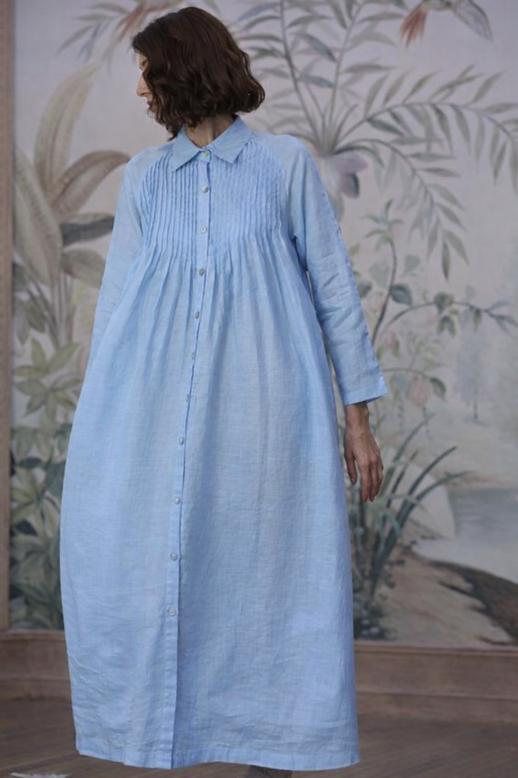 Blue Pleated Linen Dress