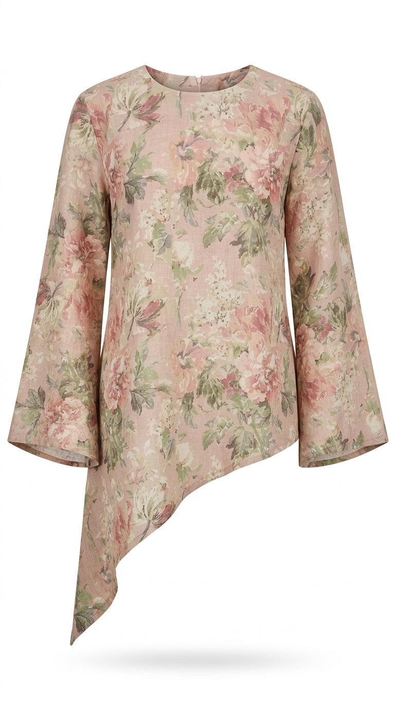 A long-sleeve, asymmetrical blouse with a soft pink and green floral pattern on a light beige base, shown against a plain white background.